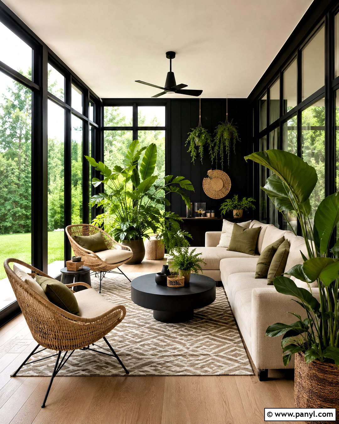 Black Modern Sunroom With Greenery - 20 black modern room ideas