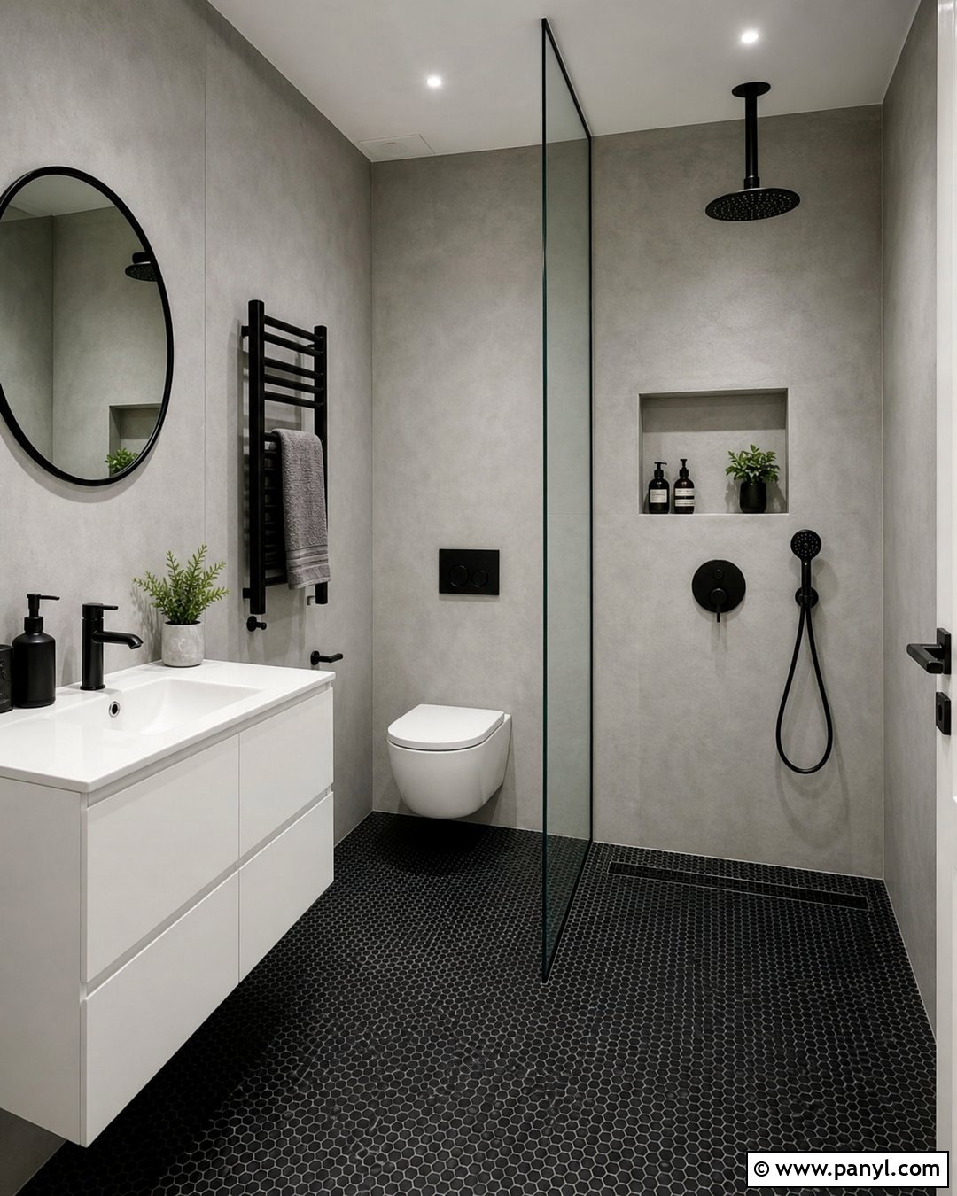Black Mosaic Wet Room With Gray Walls - 20 Bathroom Black Floor Grey Walls