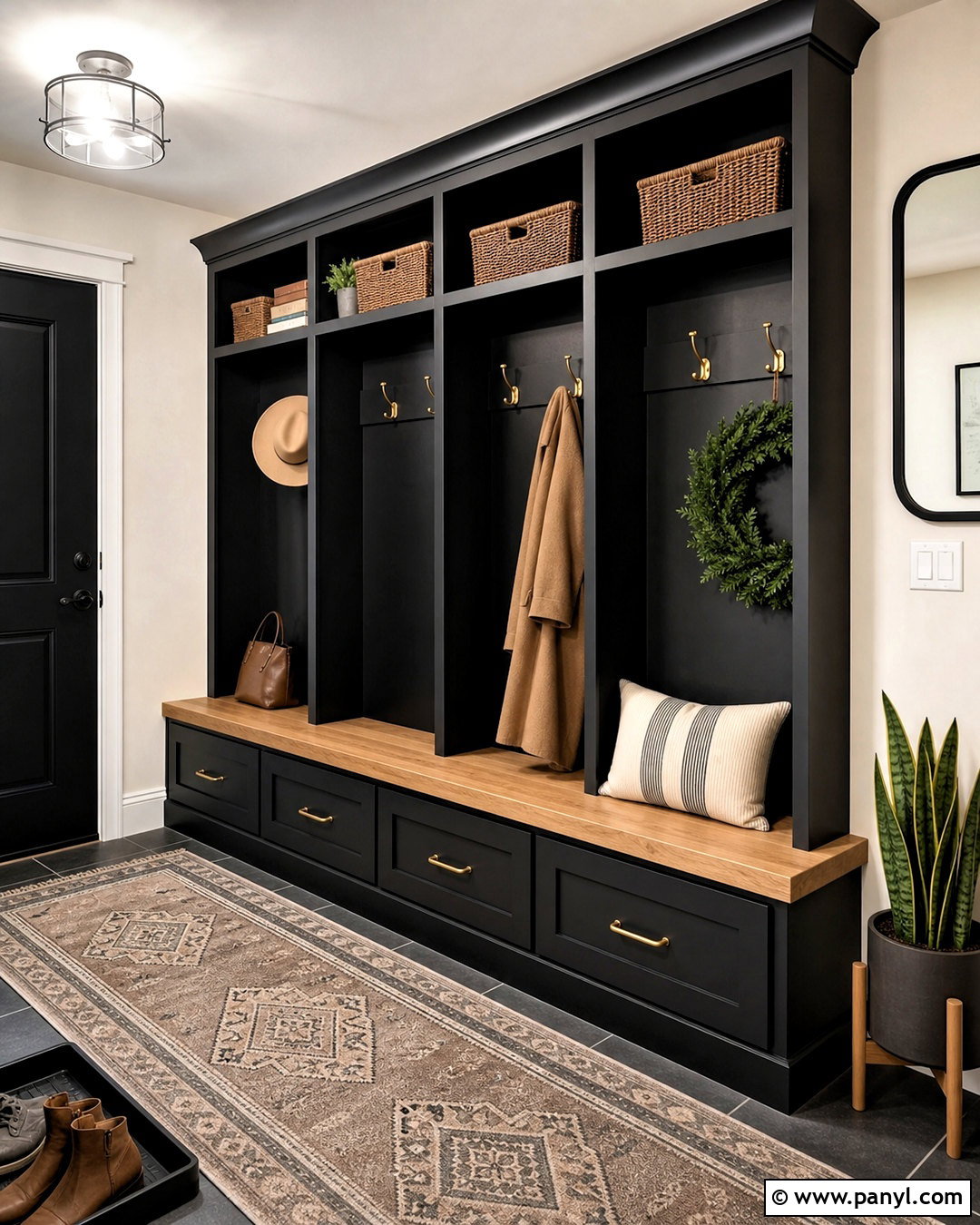 Black Mudroom With Wood Storage - 20 black room design ideas