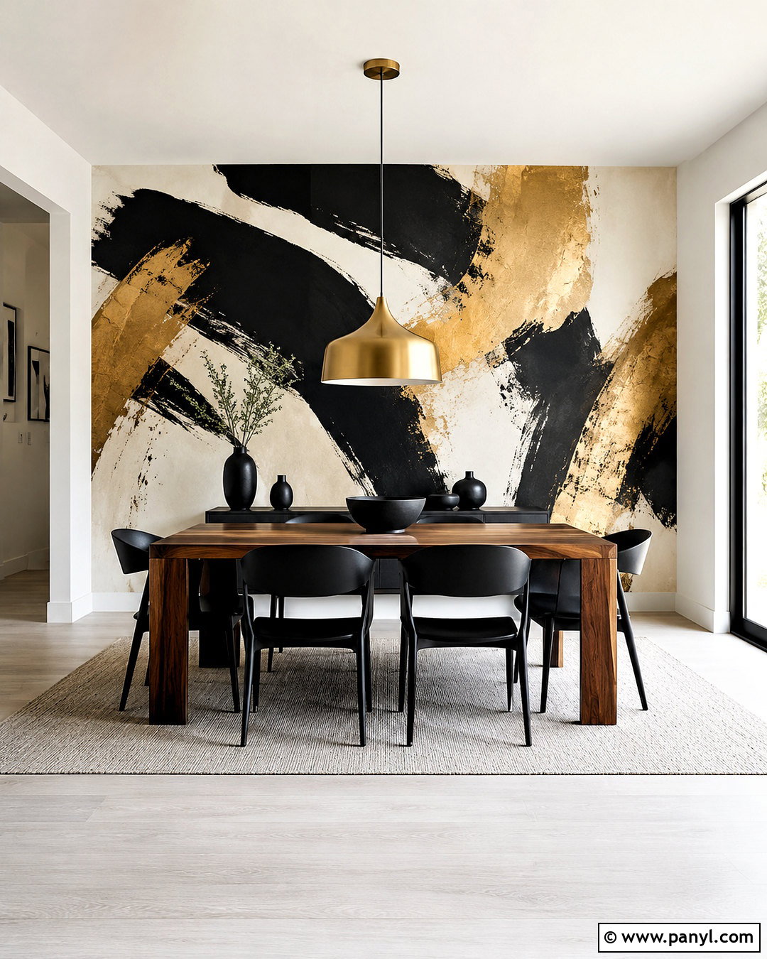 Black Mural Wall With Gold Brushstrokes - 20 black and gold accent wall ideas