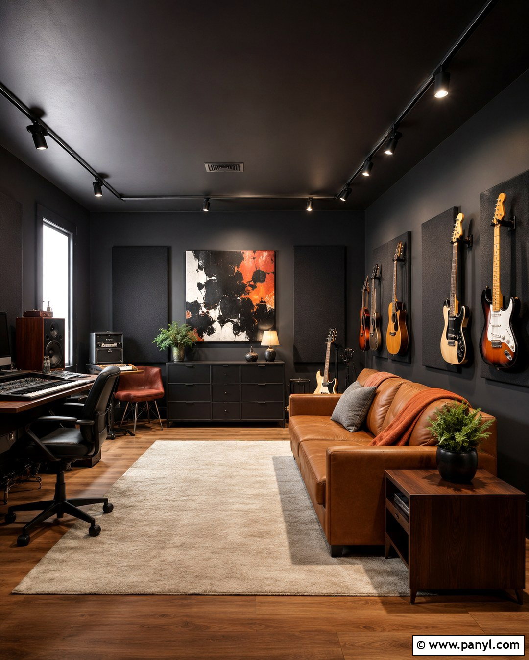 Black Music Room With Acoustic Panels - 20 Black Wall Black Ceiling Ideas