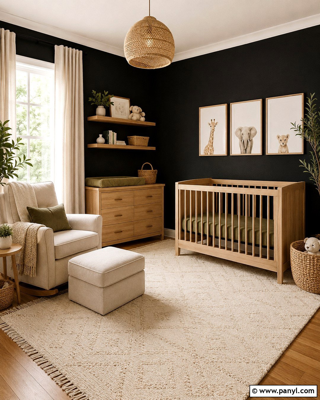 Black Nursery Wall With Natural Wood - 20 Black Nursery Wall Ideas