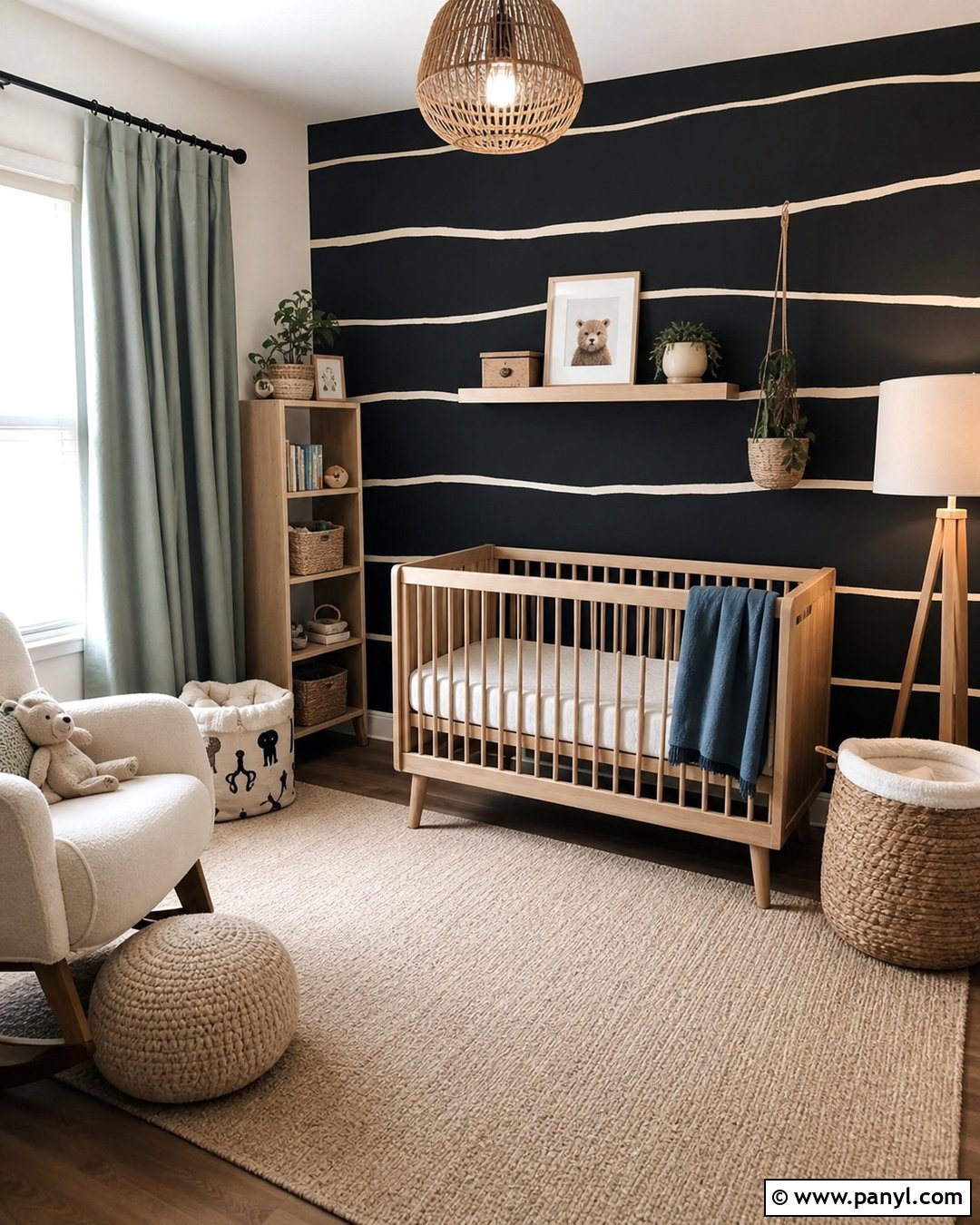 Black Nursery Wall With Soft White Stripes - 20 Black Wall With White Stripes