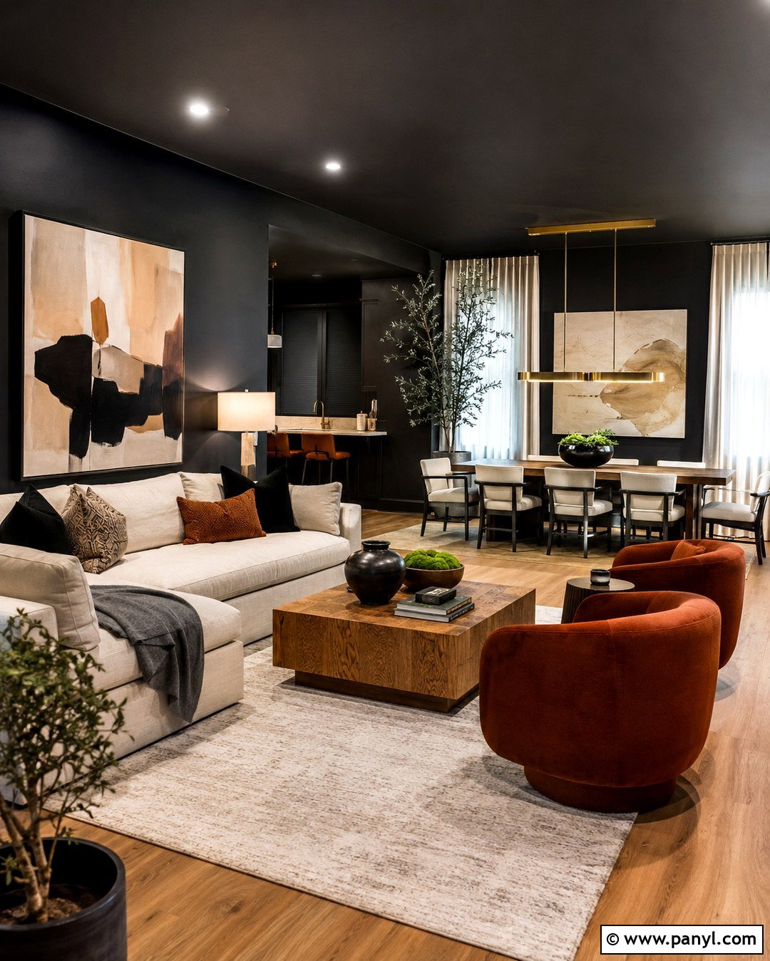Black Open Plan Living And Dining Room - 20 Black Wall Black Ceiling Ideas