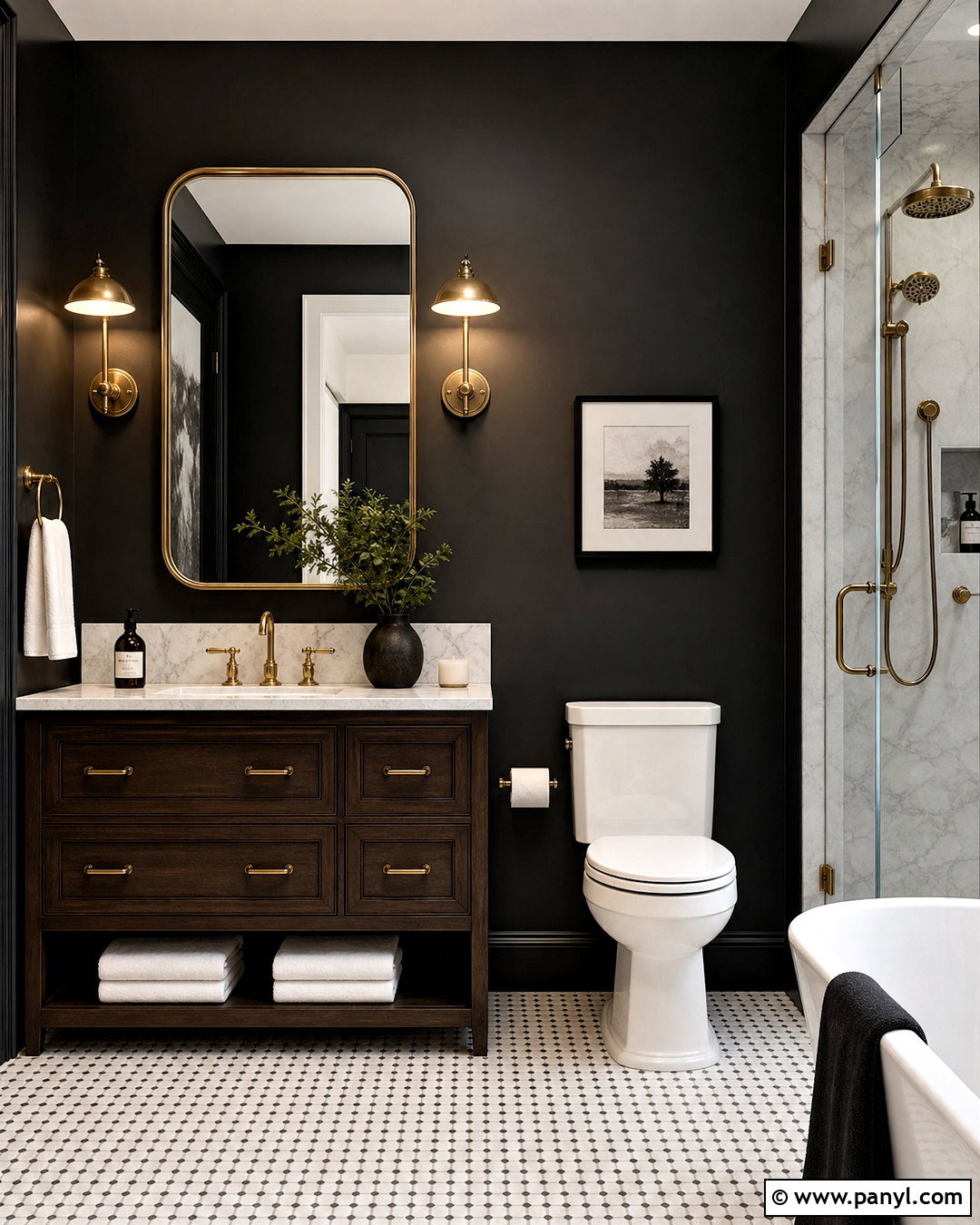 Black Painted Bathroom With Brass Fixtures - 20 black painted bathroom ideas