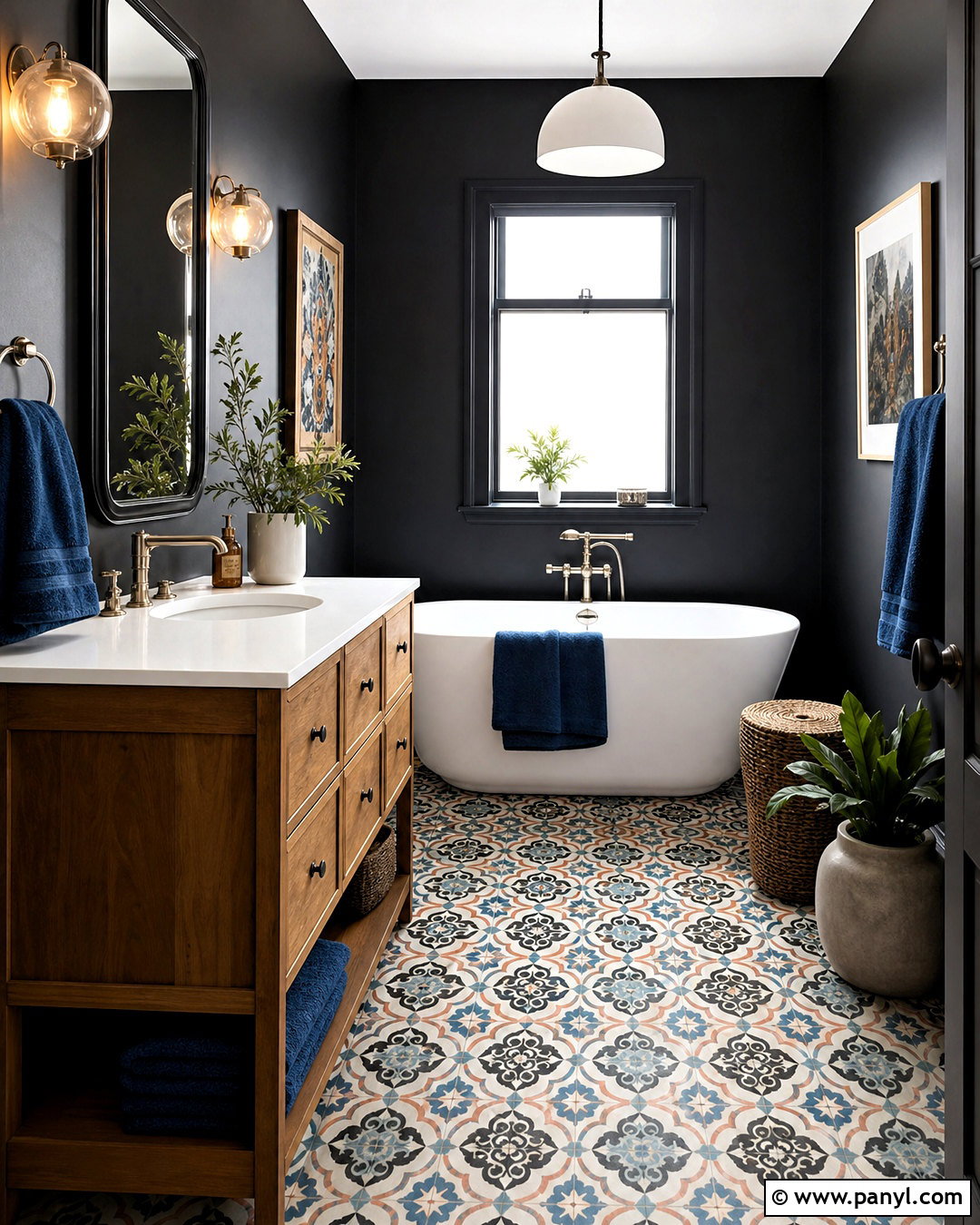 Black Painted Bathroom With Colorful Floor Tile - 20 black painted bathroom ideas