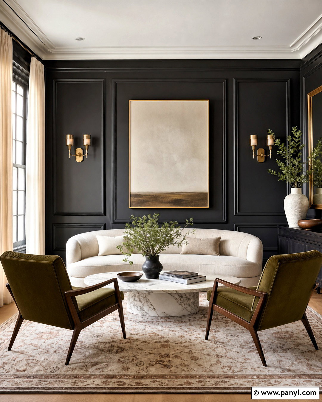 Black Panel Wall With Brass Sconces - 20 black panel wall ideas