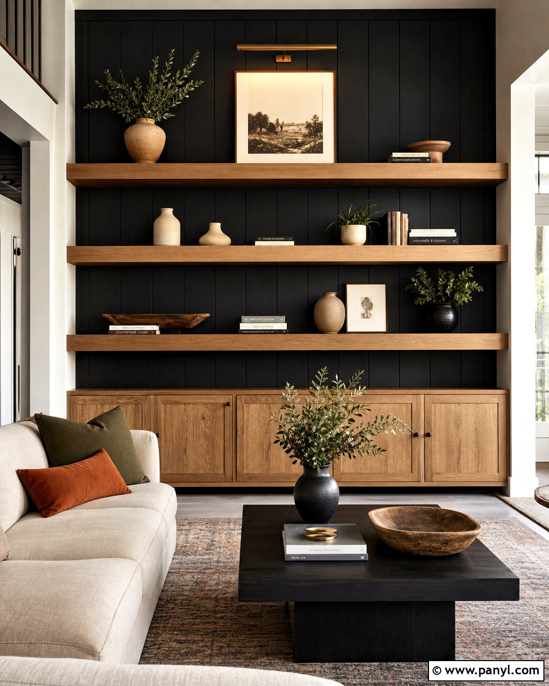 Black Panel Wall With Oak Shelves - 20 black panel wall ideas