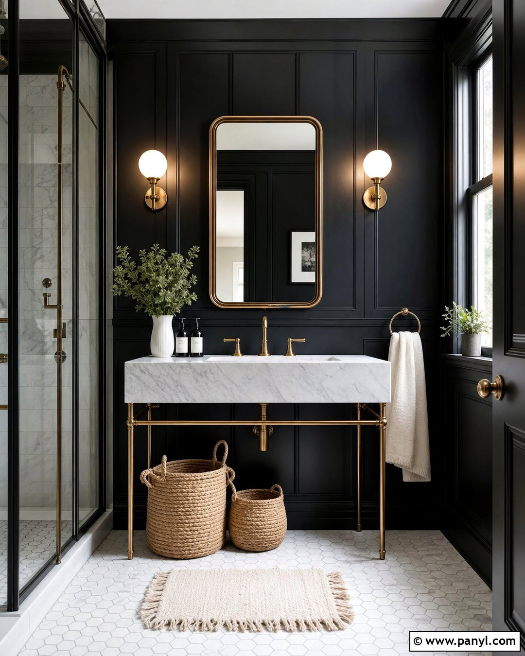 Black Paneled Bathroom With Marble Console Sink - 20 Modern Bathroom With Dark Walls And Marble Sink Ideas