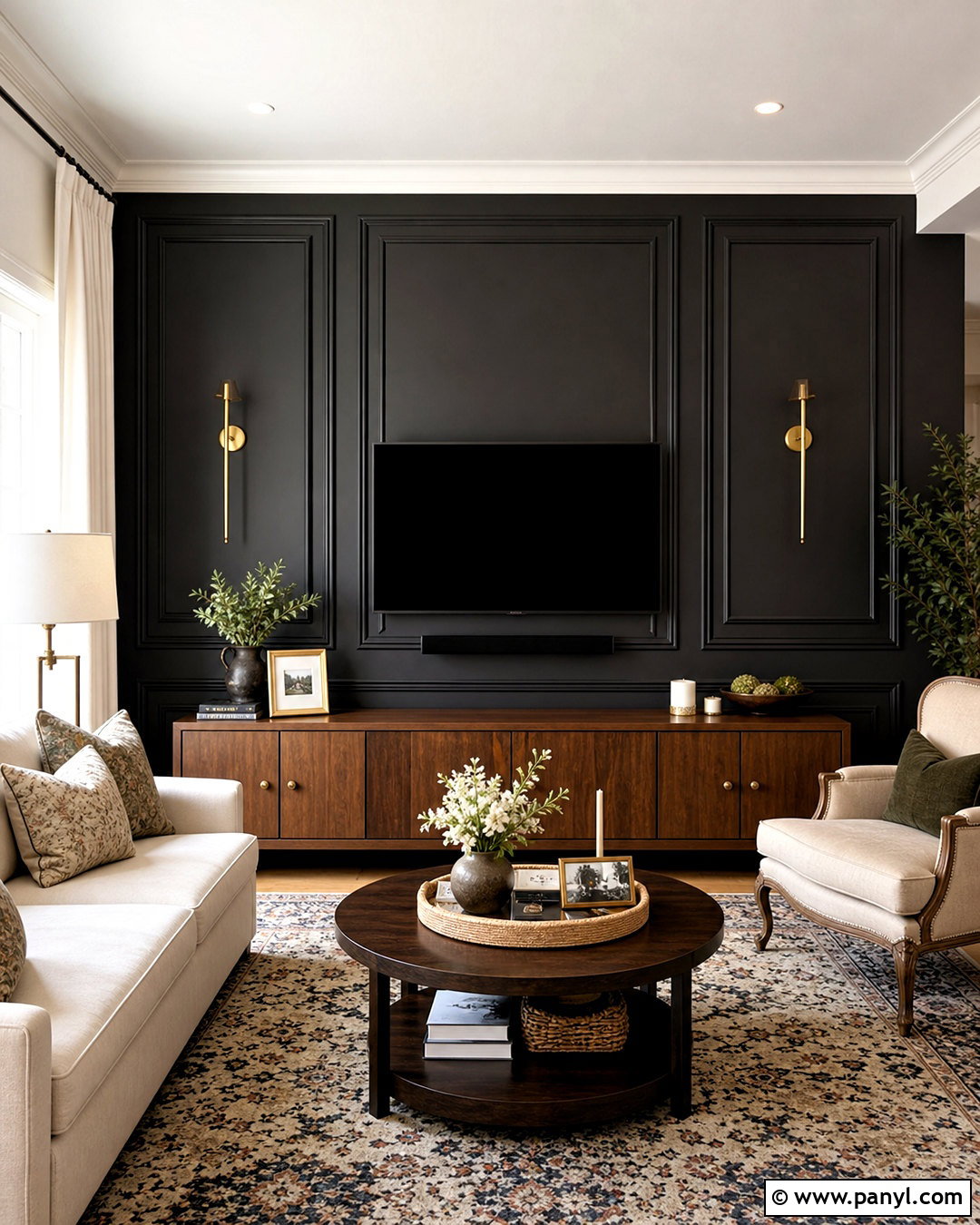 Black Paneled TV Wall With Wall Molding - 20 tv wall design black ideas