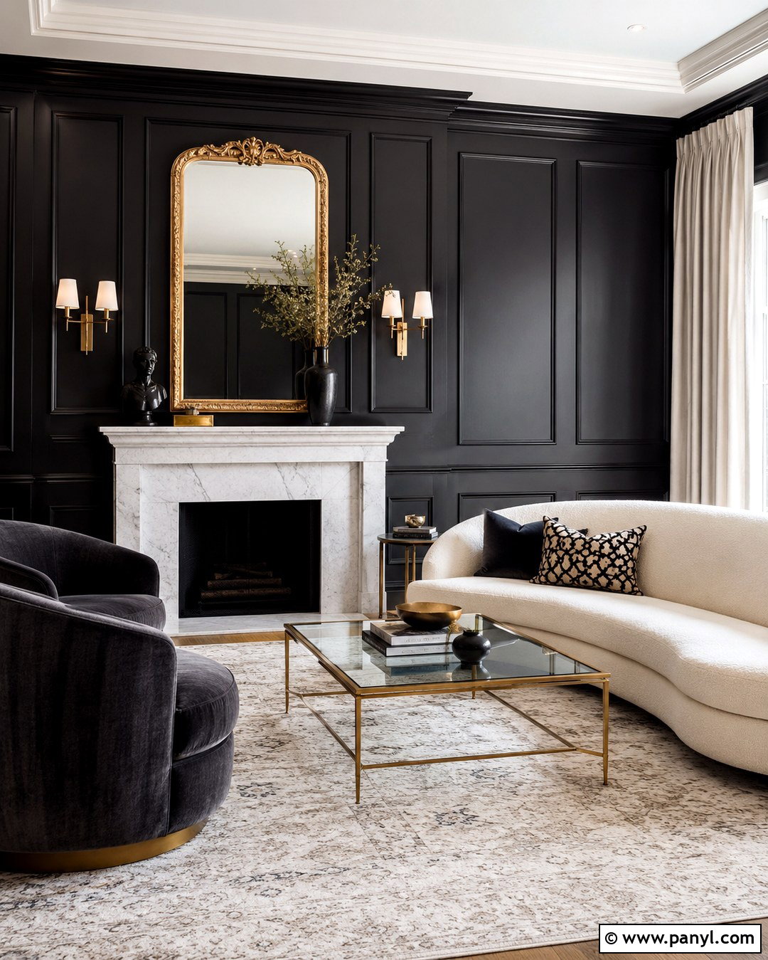 Black Paneled Wall With White Marble Fireplace - 20 Black Accent Wall White Fireplace Ideas