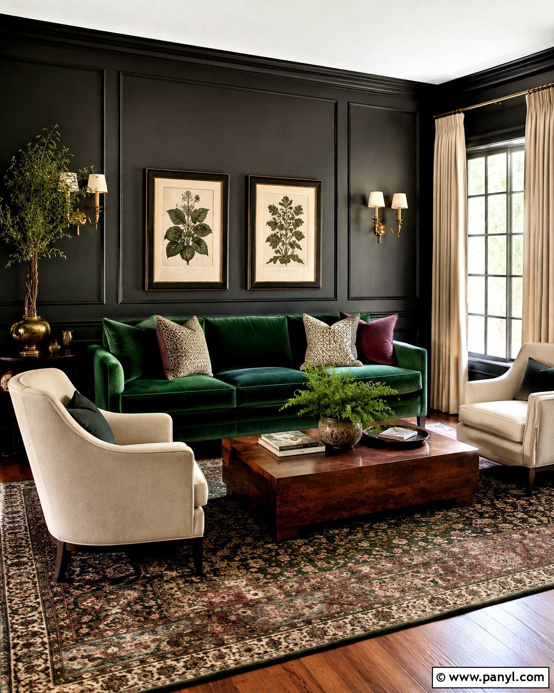 Black Paneled Walls With Velvet Sofa - 20 black walls living room ideas