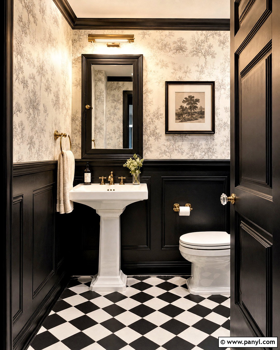 Black Paneling And Wallpaper Bathroom - 20 small black bathroom ideas