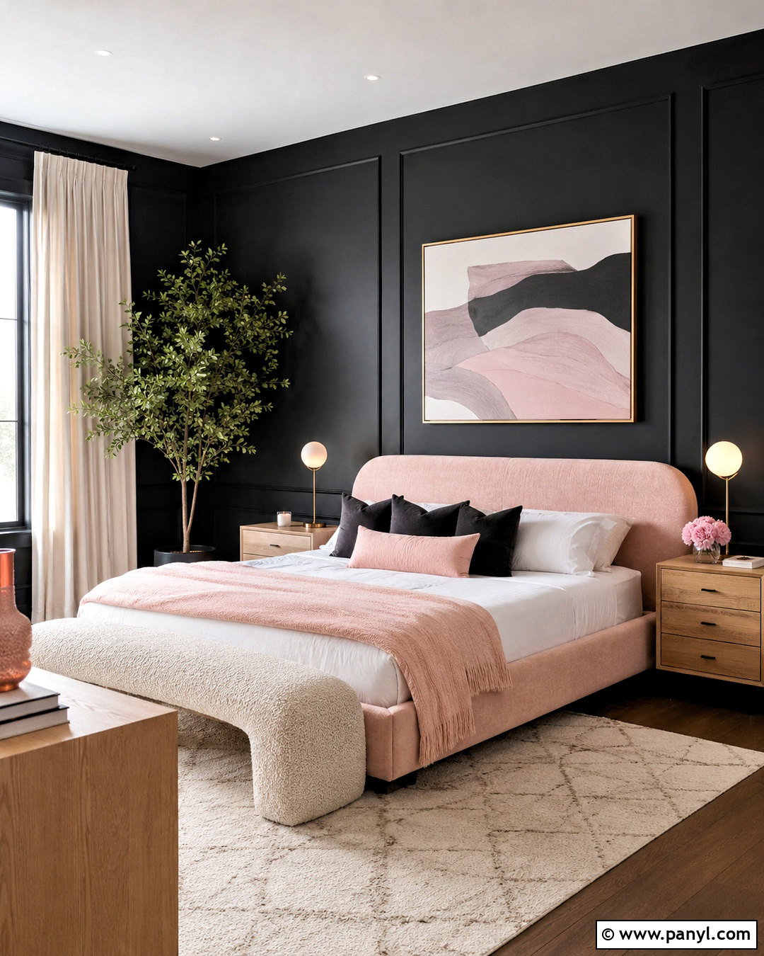 Black Paneling With Blush Pink - 20 black panelling bedroom ideas