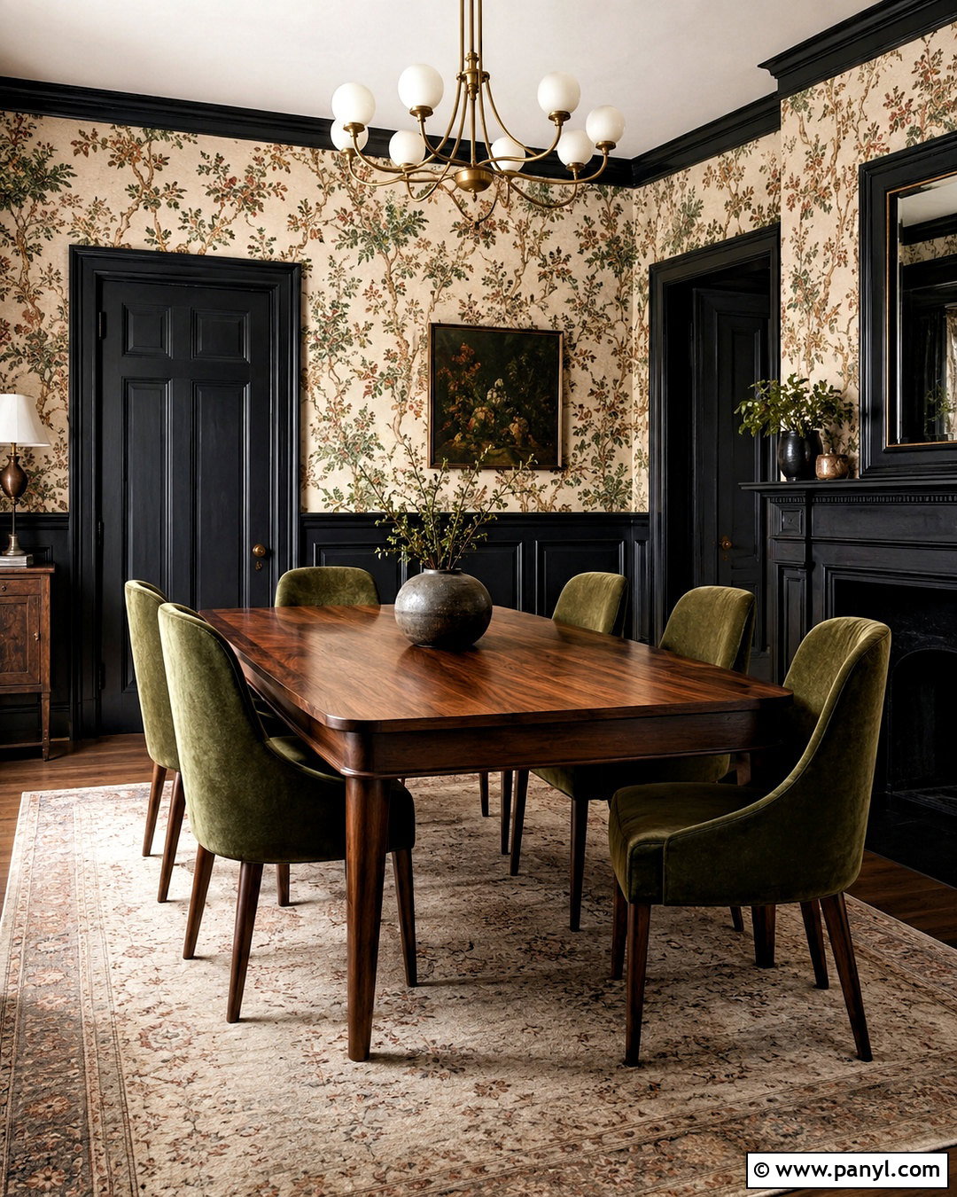 Black Paneling With Botanical Wallpaper - 20 black wall paneling ideas