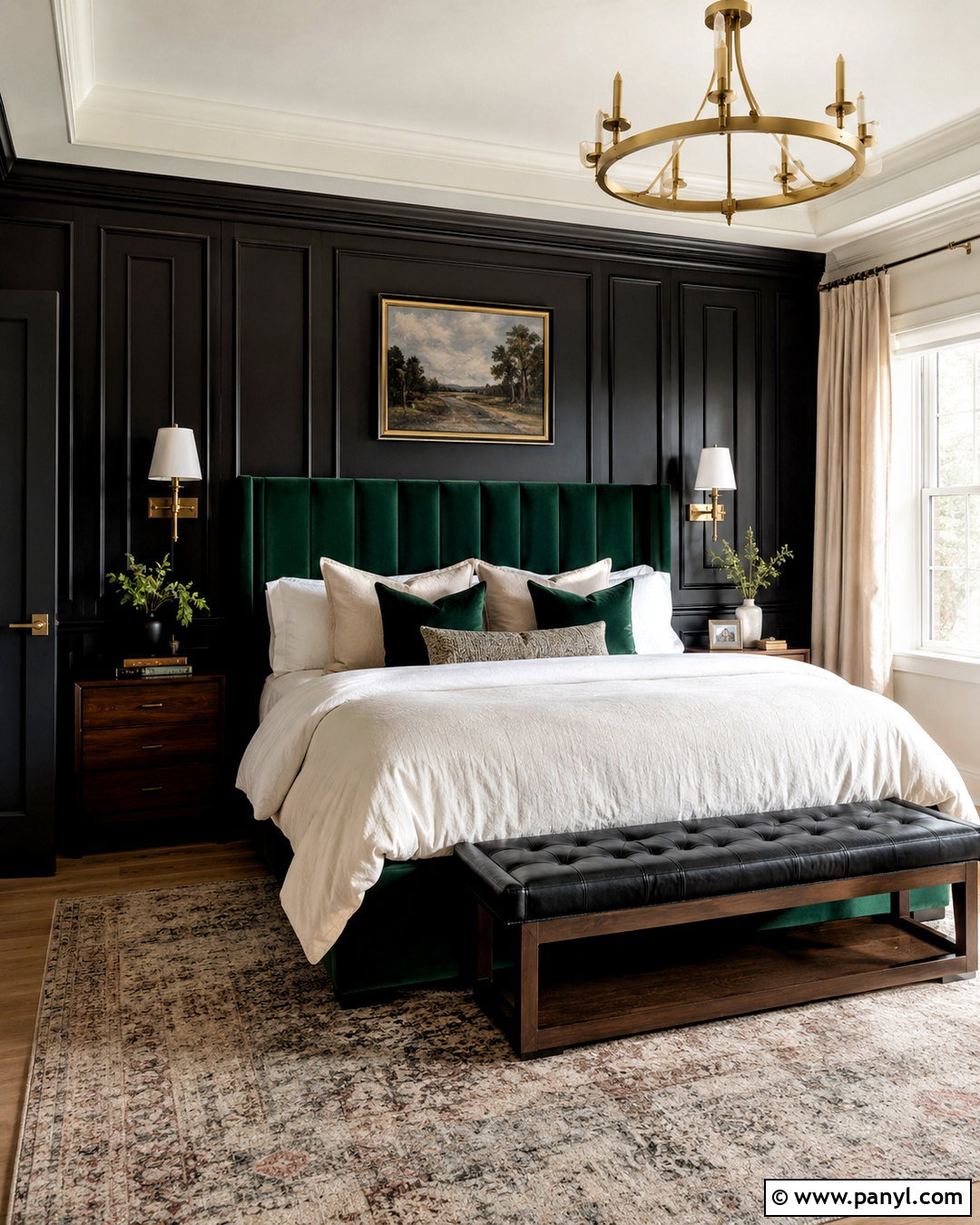 Black Paneling With Emerald Green - 20 black panelling bedroom ideas