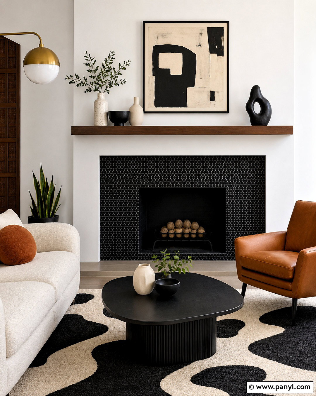 Black Penny Tile And White Surround Fireplace - 20 black and white fireplace ideas