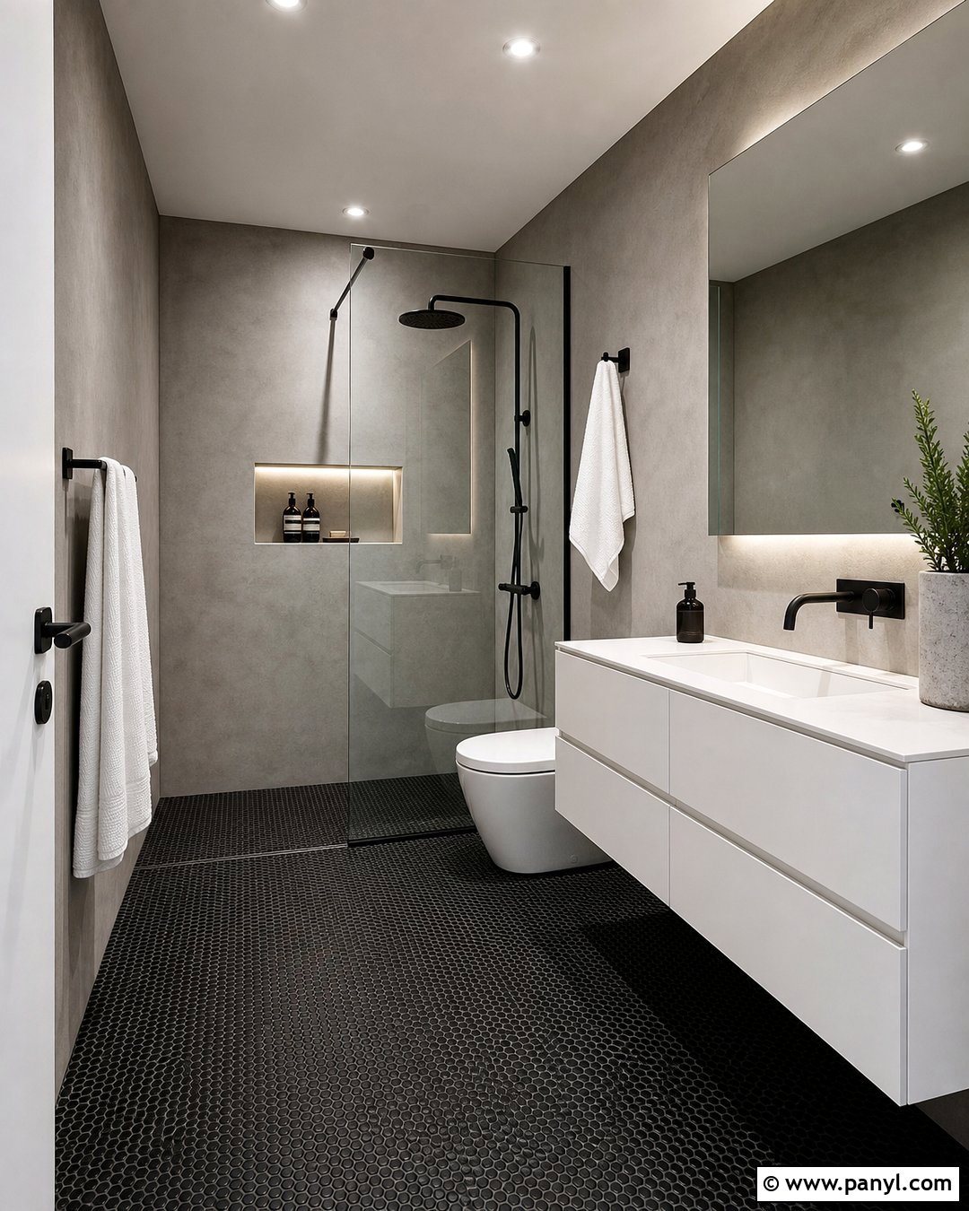 Black Penny Tile Floor With Concrete Gray Walls - 20 Bathroom Black Floor Grey Walls
