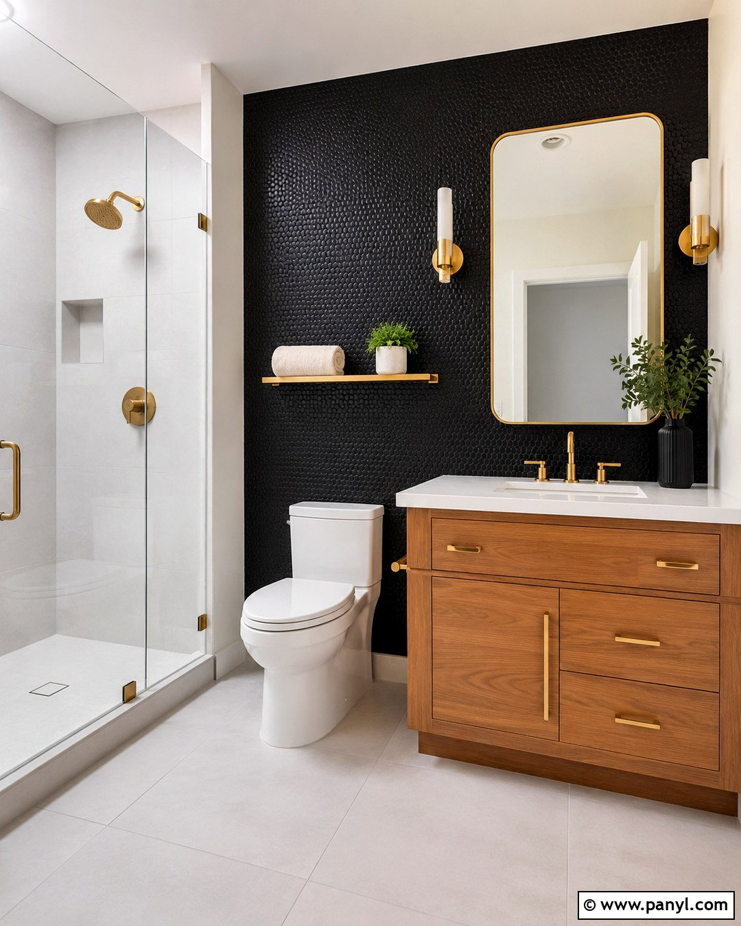 Black Penny Tile Wall Behind Toilet - 20 Black Accent Wall Behind Toilet Ideas