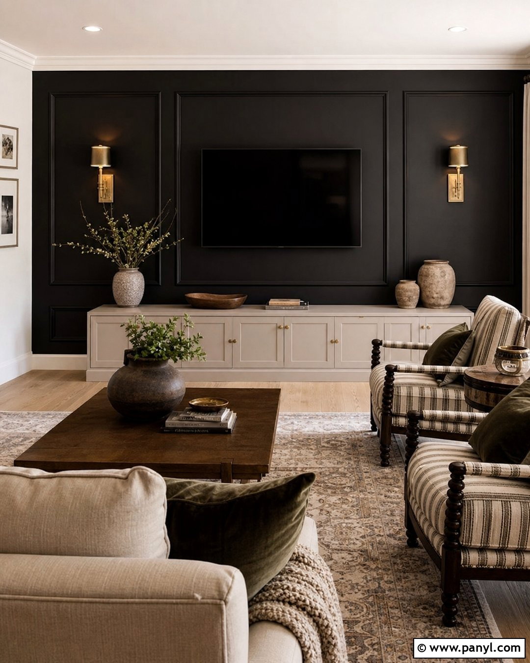 Black Picture Frame Molding TV Wall - 35 Black Wall Behind Tv Ideas