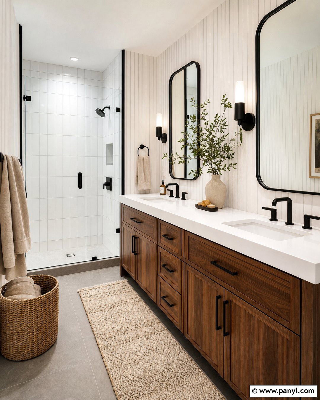 Black Pinstripe Bathroom Walls With Wood Vanity - 20 Elegant Bathroom With Striped Walls