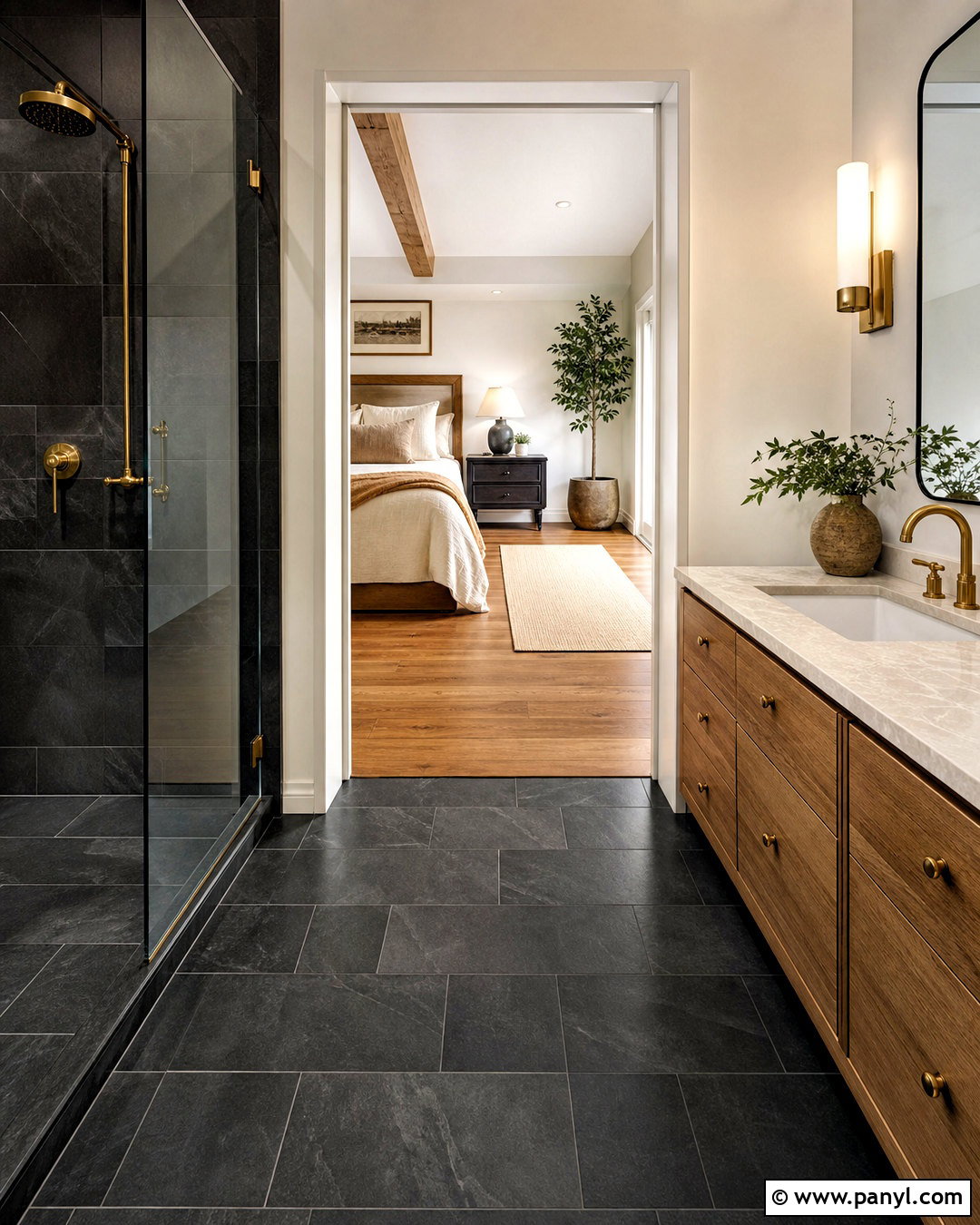 Black Porcelain Tile And Natural Oak Hardwood - 20 tile and hardwood floor combination ideas