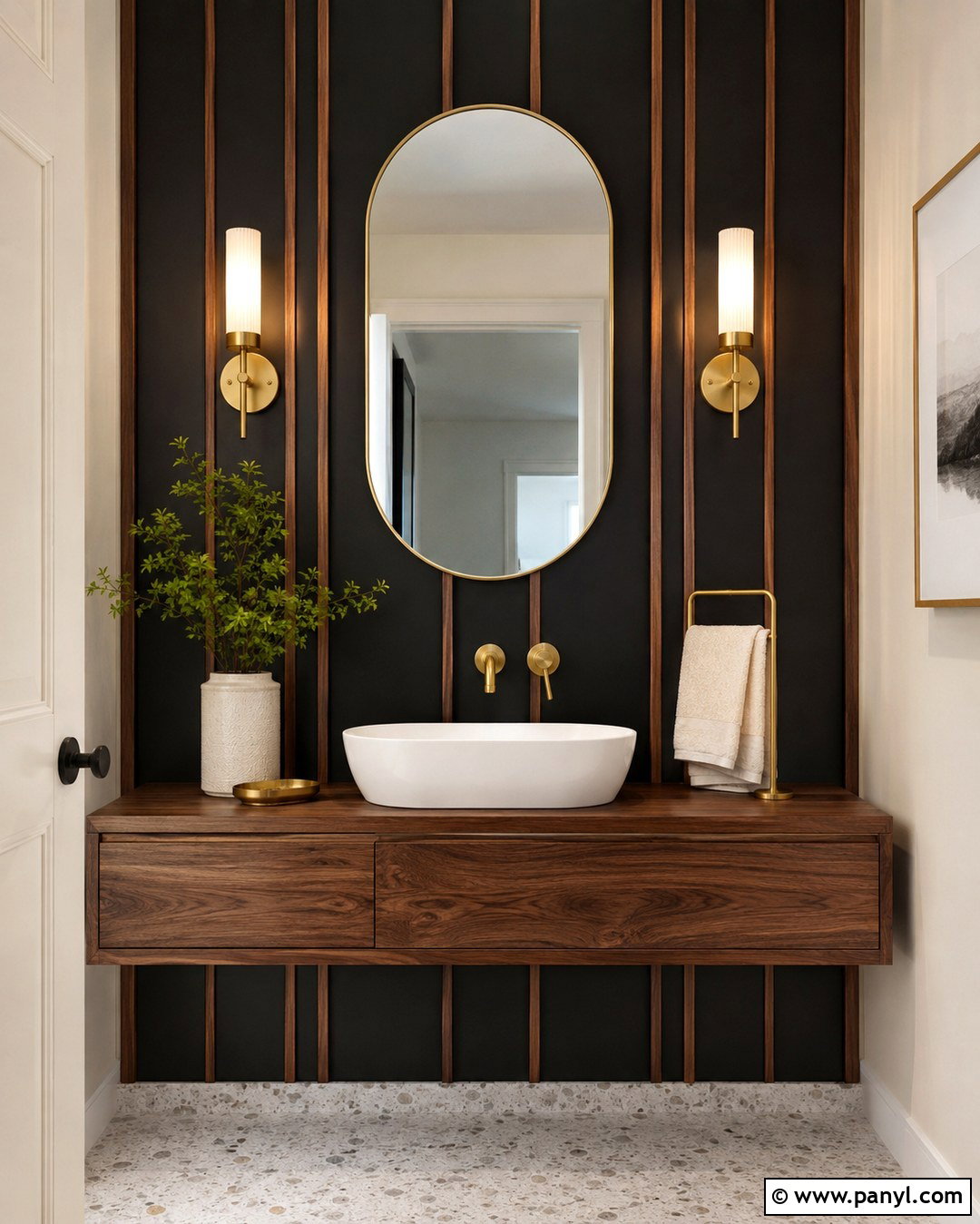 Black Powder Room Wall With Walnut Trim - 20 Black Accent Wall With Wood Trim Ideas