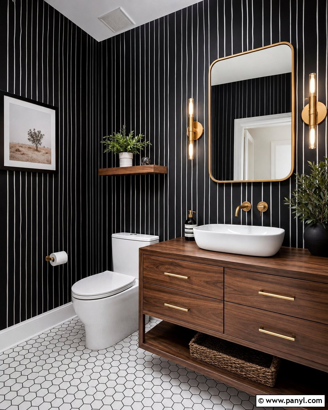 Black Powder Room Wall With White Striped Wallpaper - 20 Black Wall With White Stripes