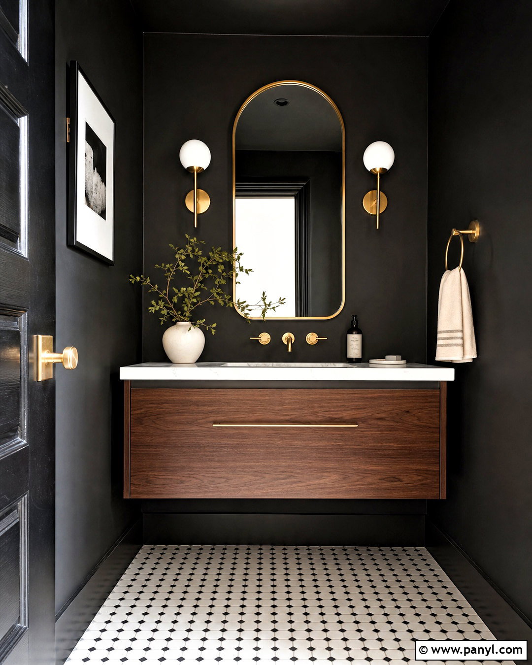 Black Powder Room With Brass Fixtures - 20 dark powder room ideas