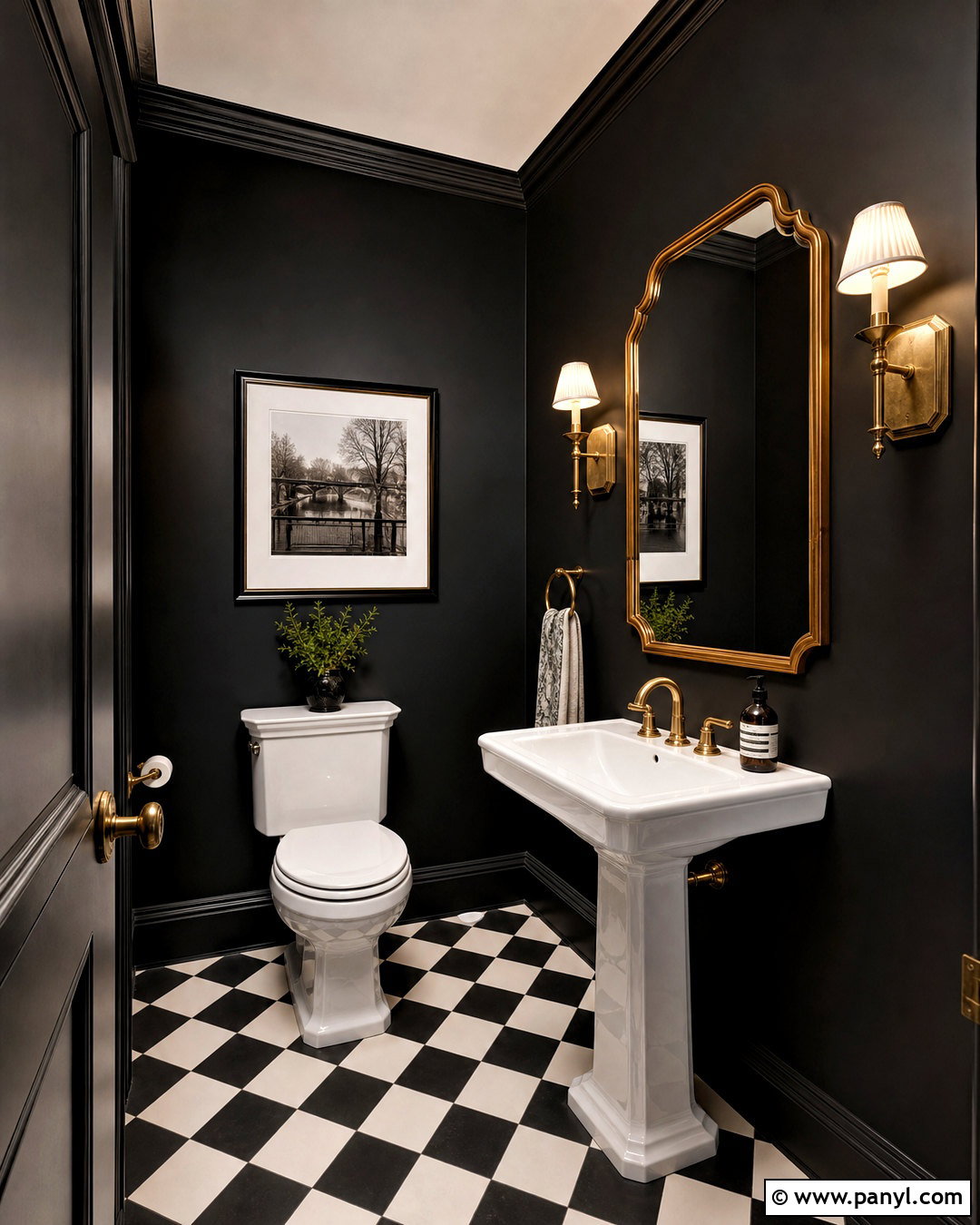 Black Powder Room With Checkered Floor - 20 black powder room ideas