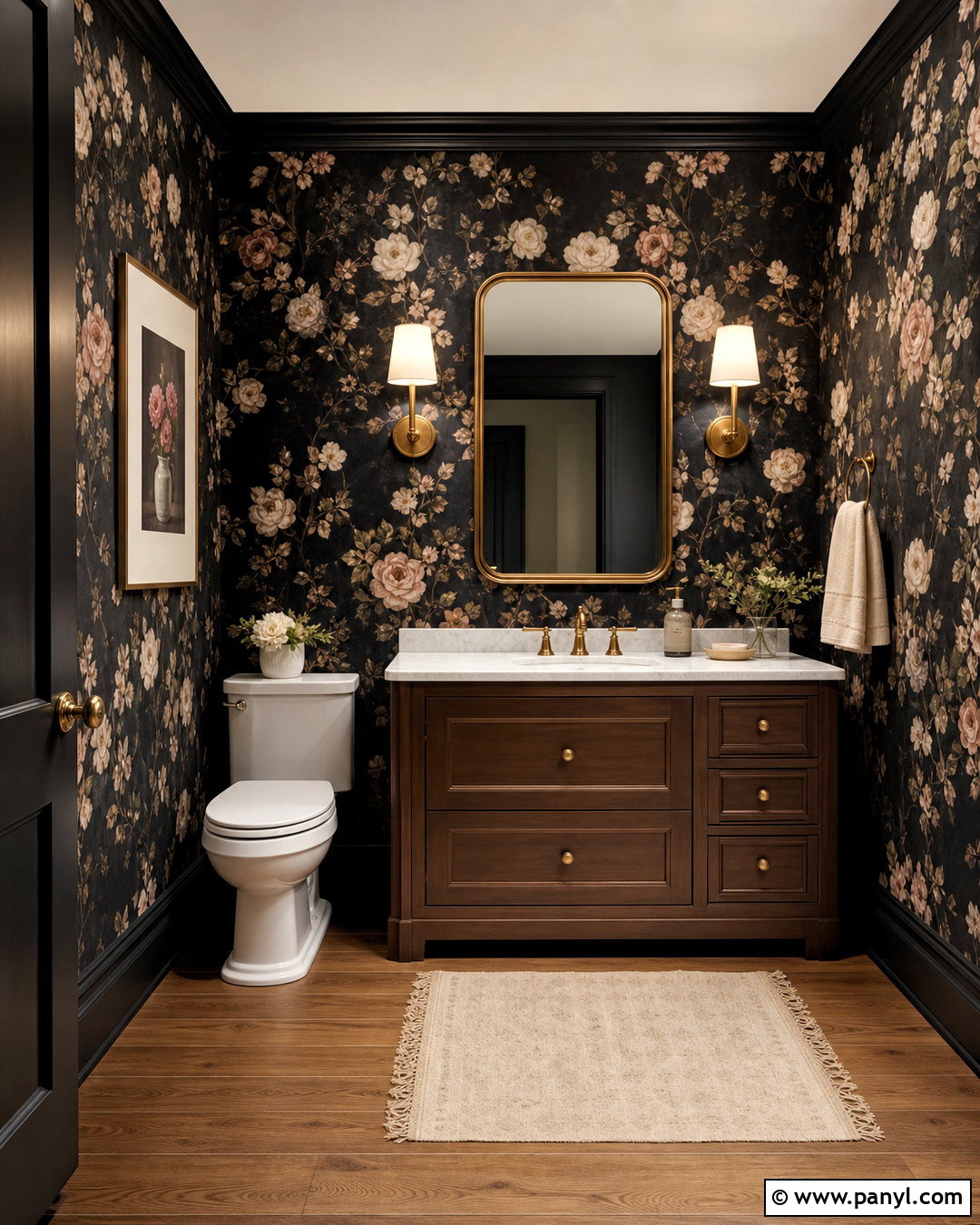 Black Powder Room With Floral Wallpaper - 20 black powder room ideas