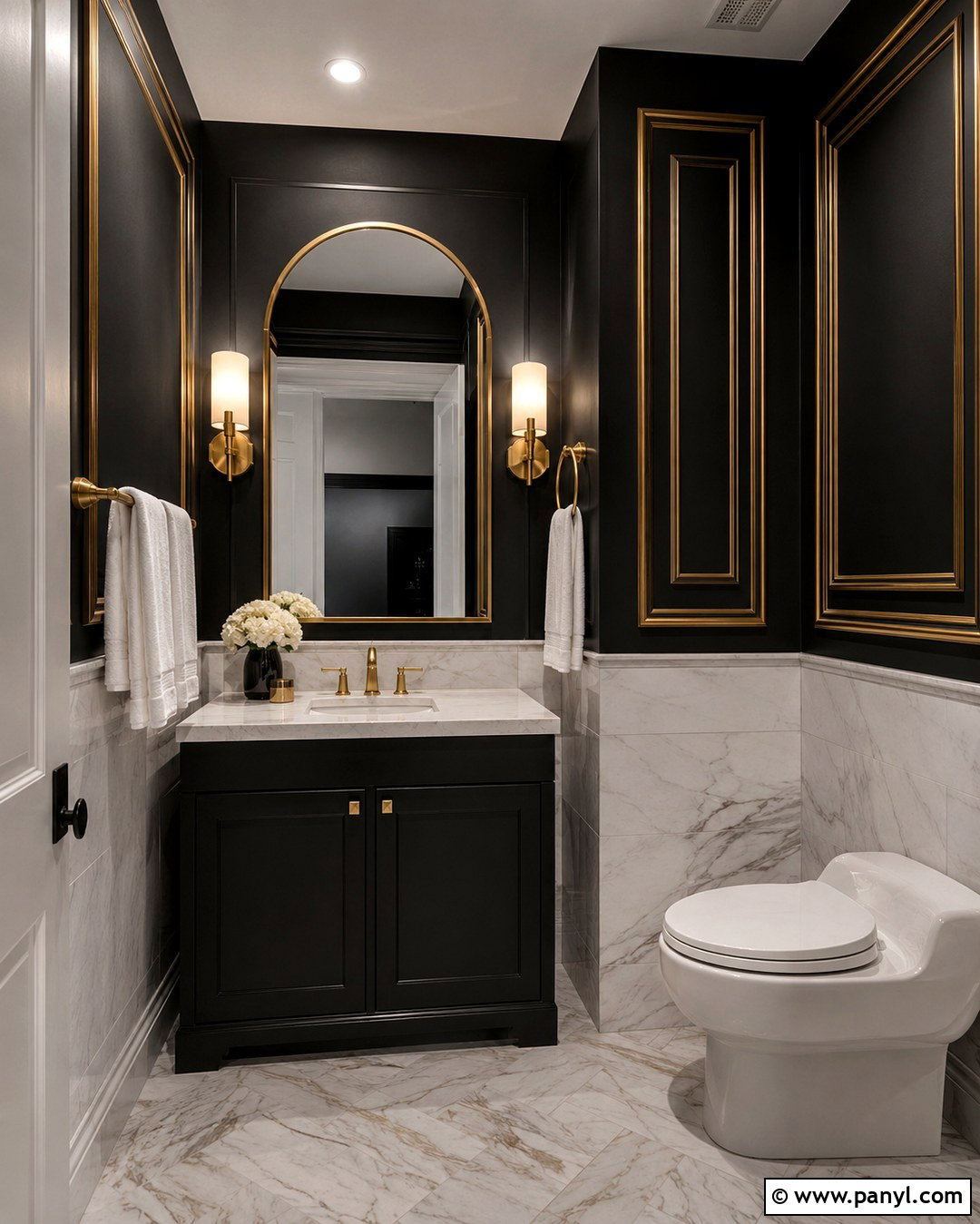 Black Powder Room With Gold Wall Trim - 20 Black Walls Gold Trim Ideas