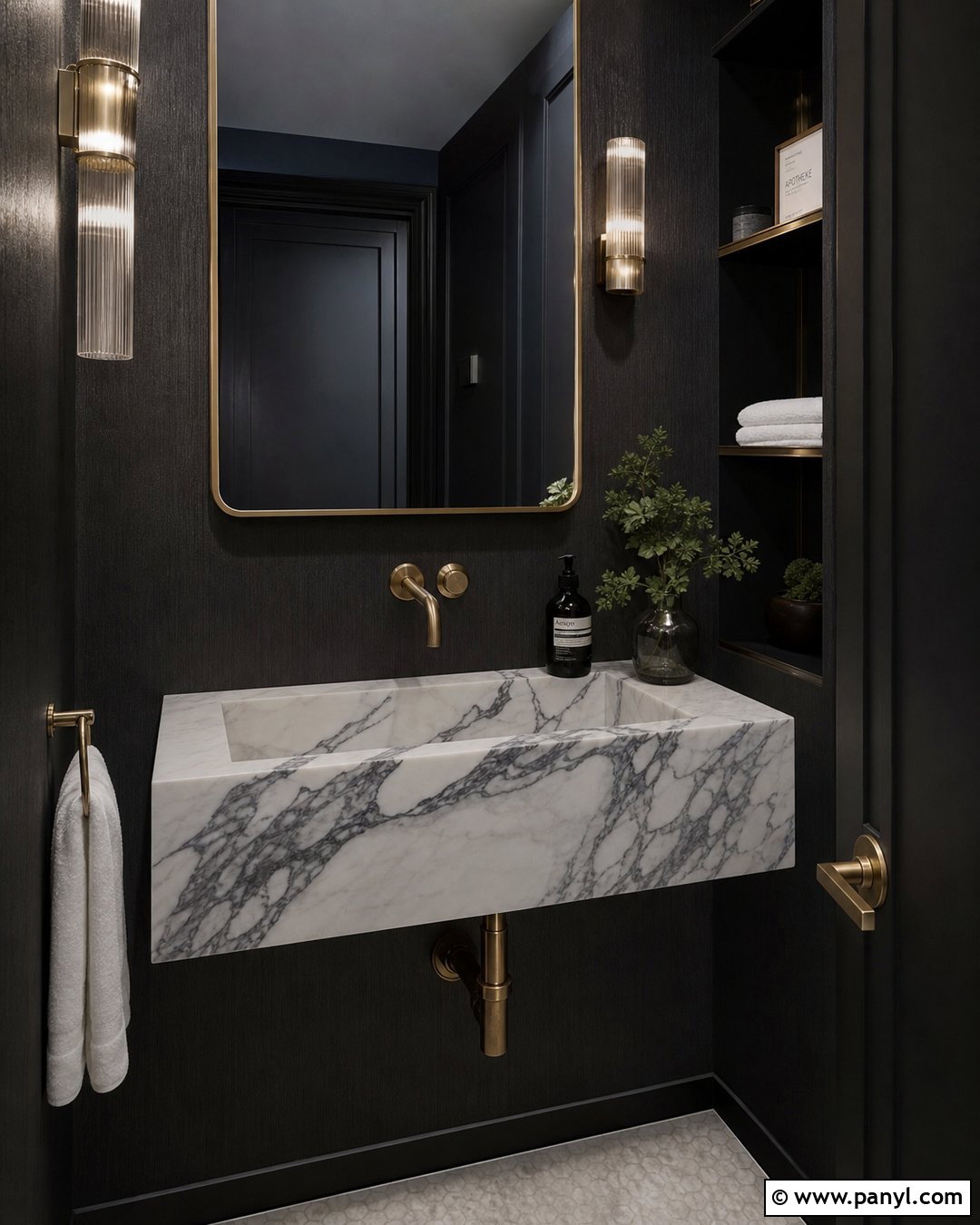 Black Powder Room With Marble Wall Sink - 20 Modern Bathroom With Dark Walls And Marble Sink Ideas