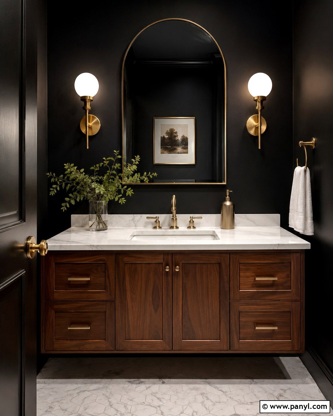 Black Powder Room With Marble - 20 Black Wall Black Ceiling Ideas
