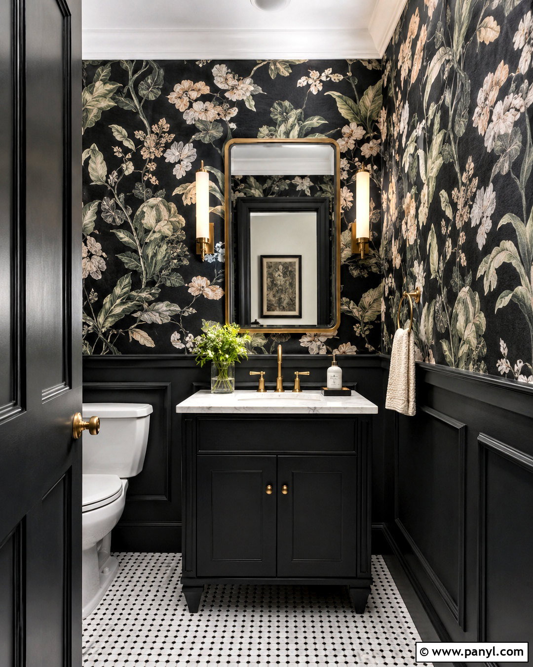 Black Powder Room With Patterned Wallpaper - 20 black bathroom aesthetic ideas