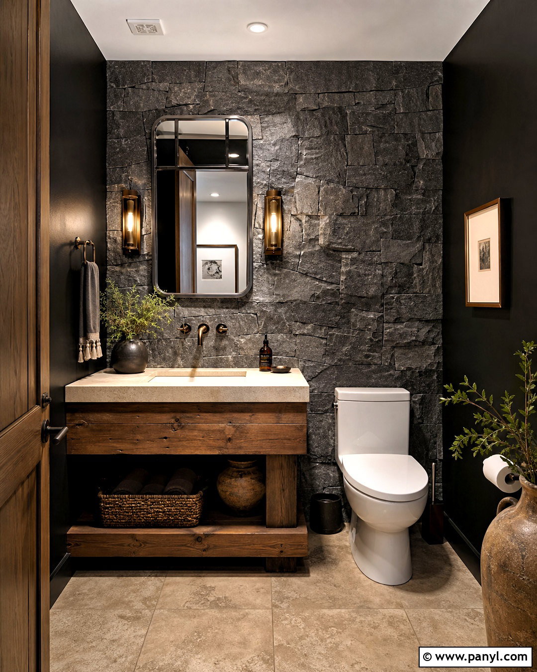 Black Powder Room With Rustic Stone - 20 black powder room ideas