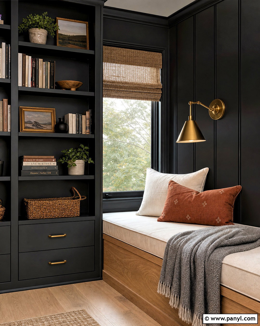 Black Reading Nook Wall With Built-In Seating - 20 black interior walls