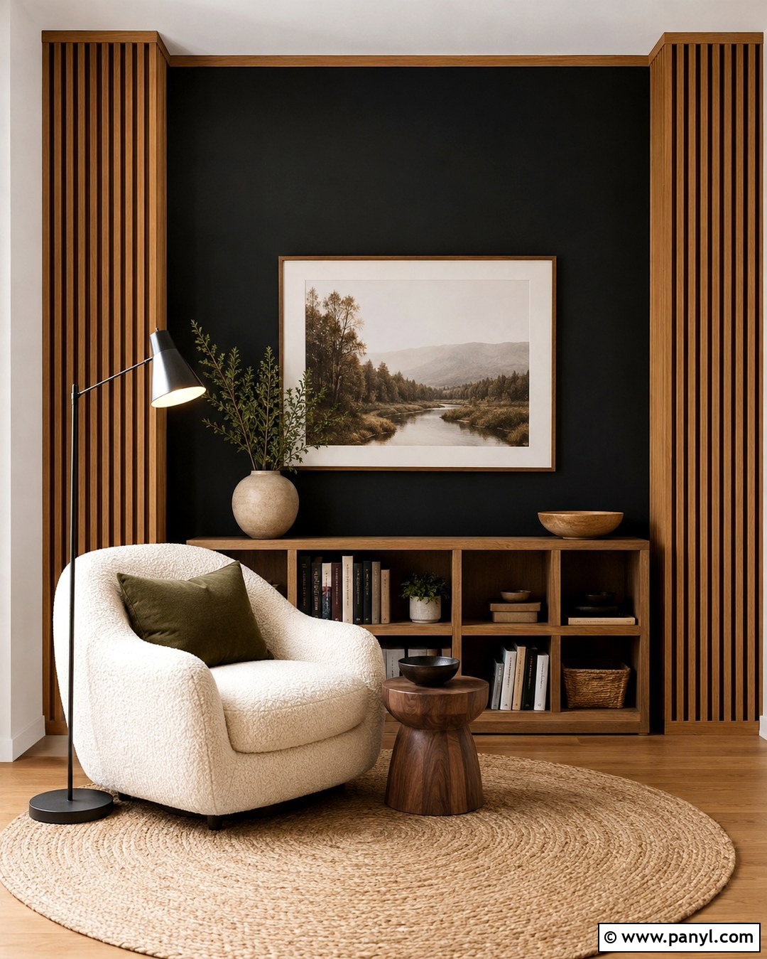 Black Reading Nook Wall With Wood Slats - 20 Black Accent Wall With Wood Trim Ideas