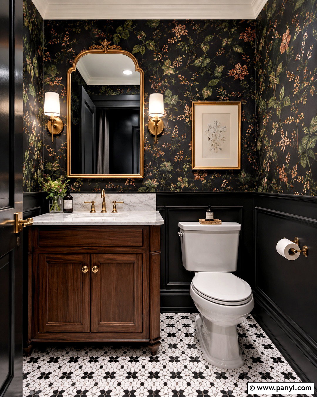 Black Restroom With Floral Wallpaper - 20 black restroom ideas