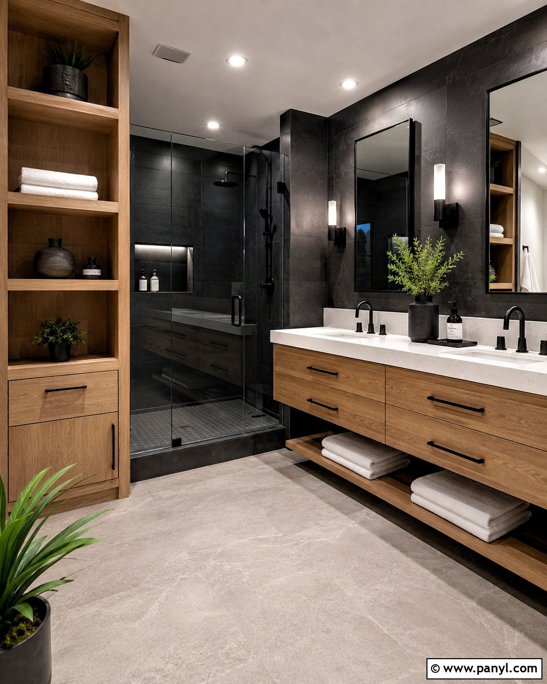 Black Restroom With Natural Oak - 20 black restroom ideas
