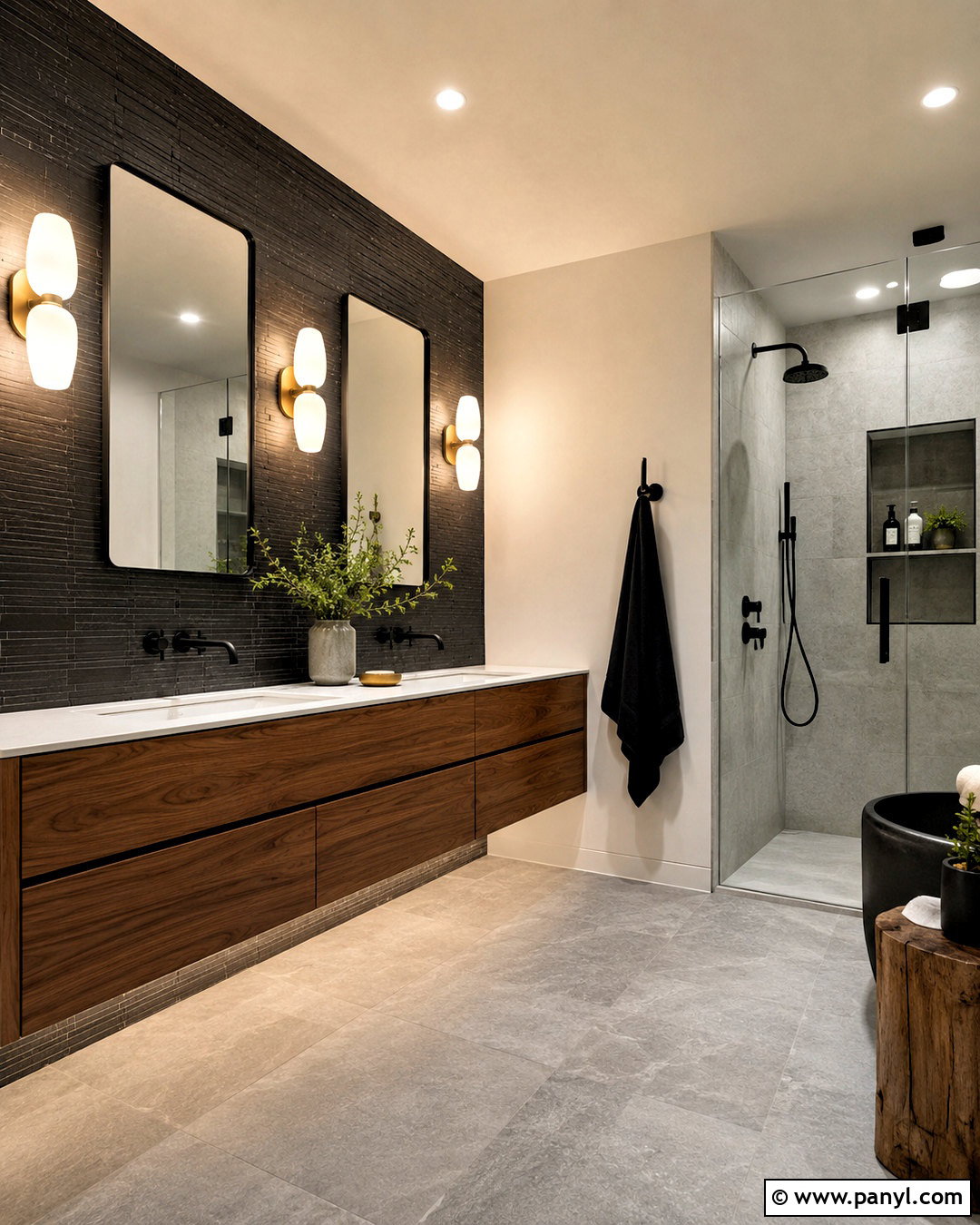 Black Restroom With Walnut Vanity - 20 black restroom ideas