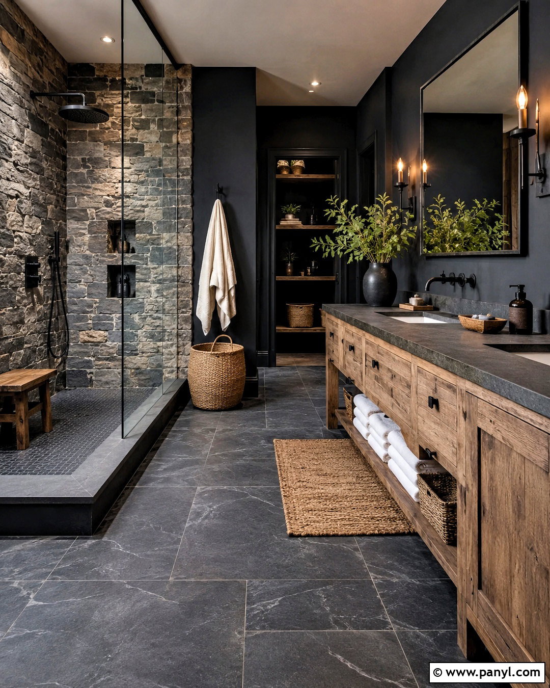 Black Rustic Bathroom With Stone - 20 black bathroom aesthetic ideas