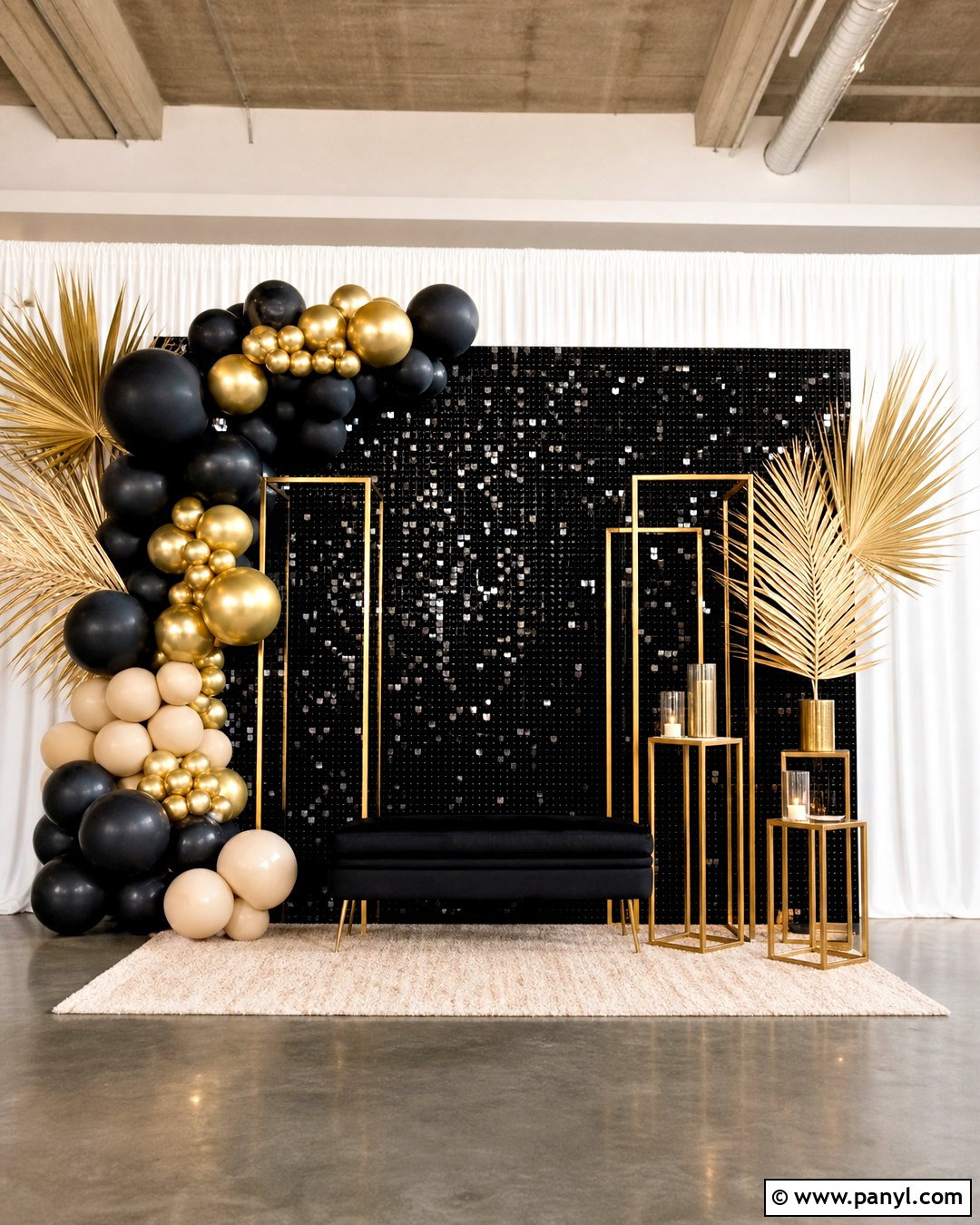 Black Sequin Wall Backdrop With Gold Decor - 20 sequin wall backdrop ideas
