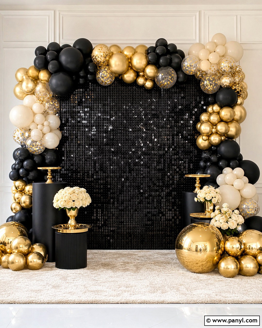 Black Shimmer Wall With Gold Balloons - 20 shimmer wall with balloons