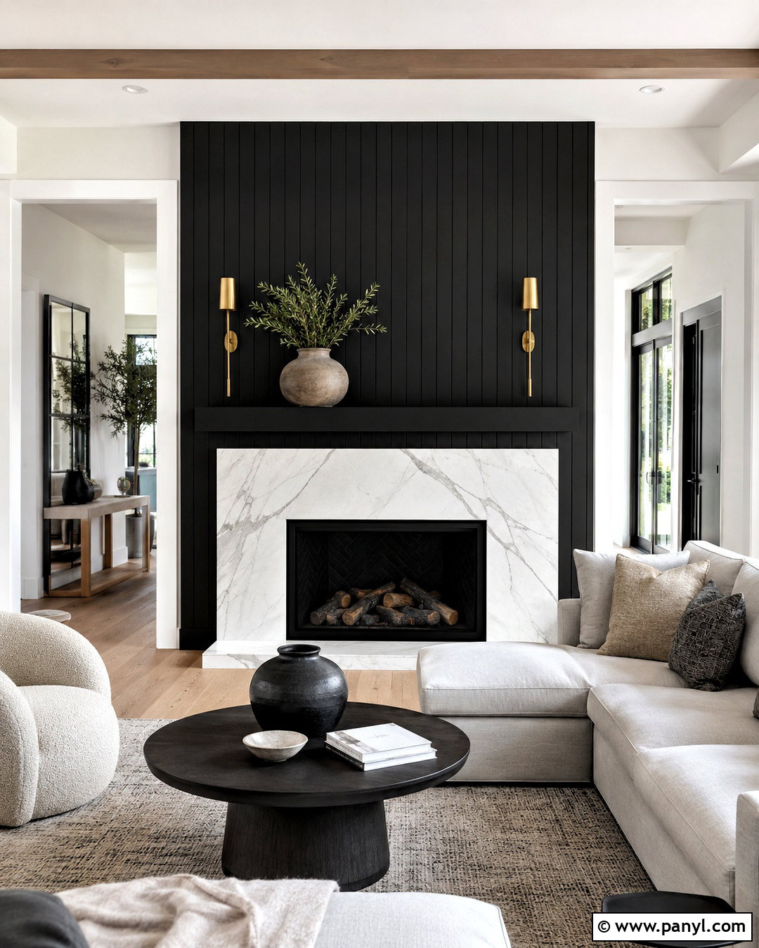 Black Shiplap And White Marble Fireplace - 20 black and white fireplace ideas