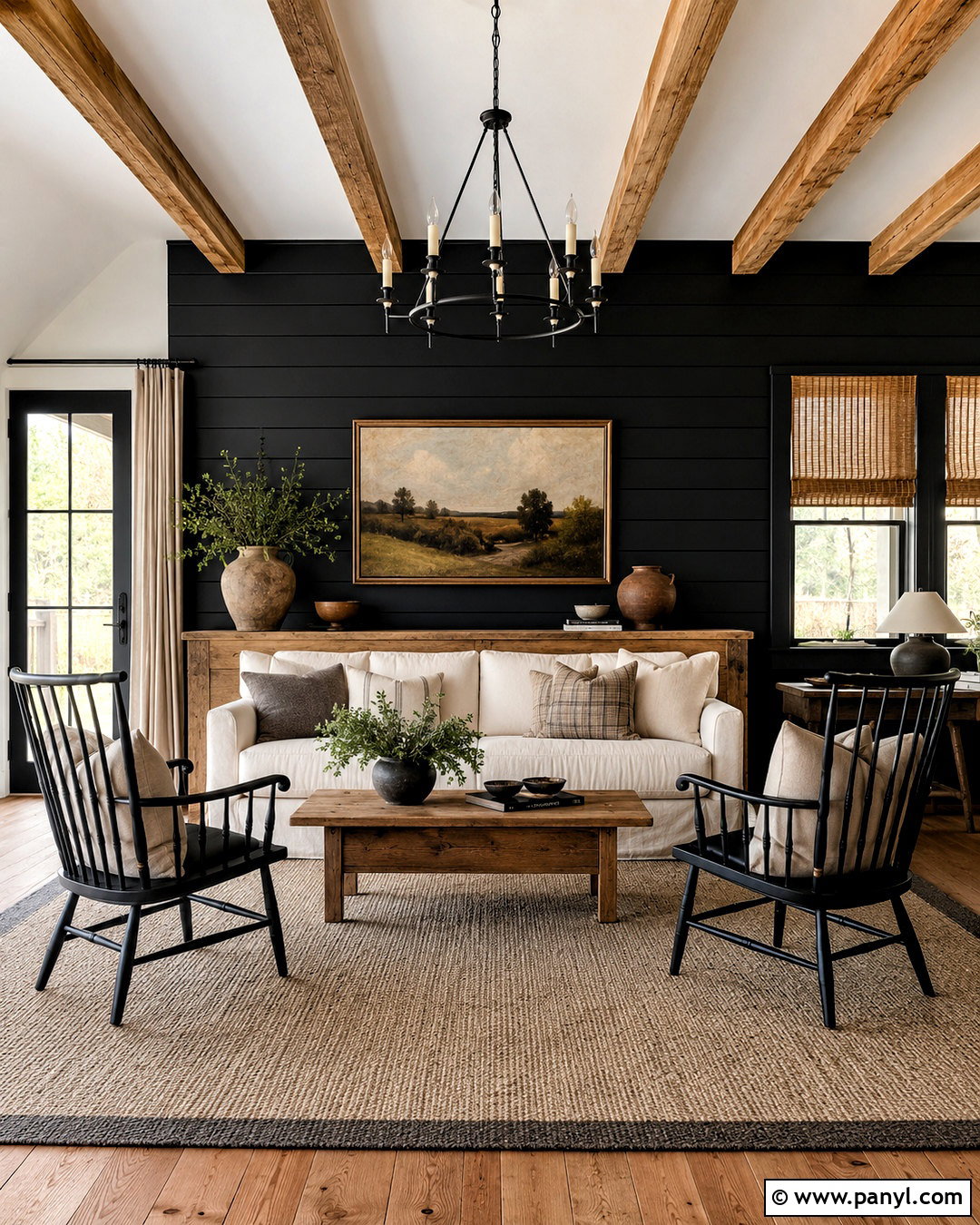 Black Shiplap Farmhouse Living Room - 20 black wood accent wall ideas