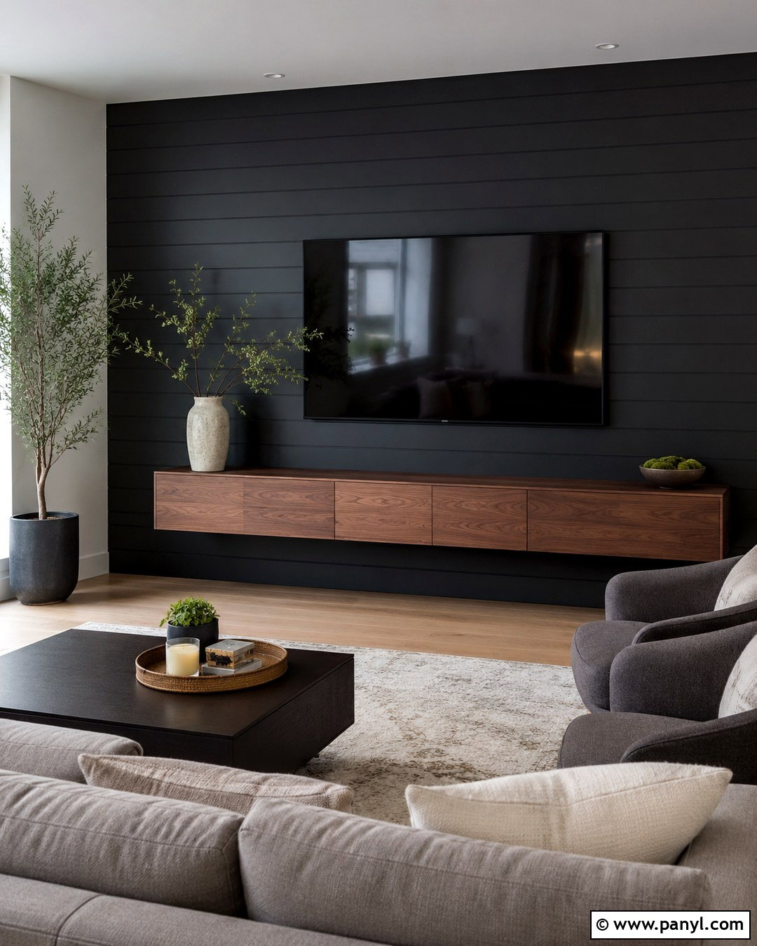 Black Shiplap Media Wall - 20 Black Painted Shiplap Walls