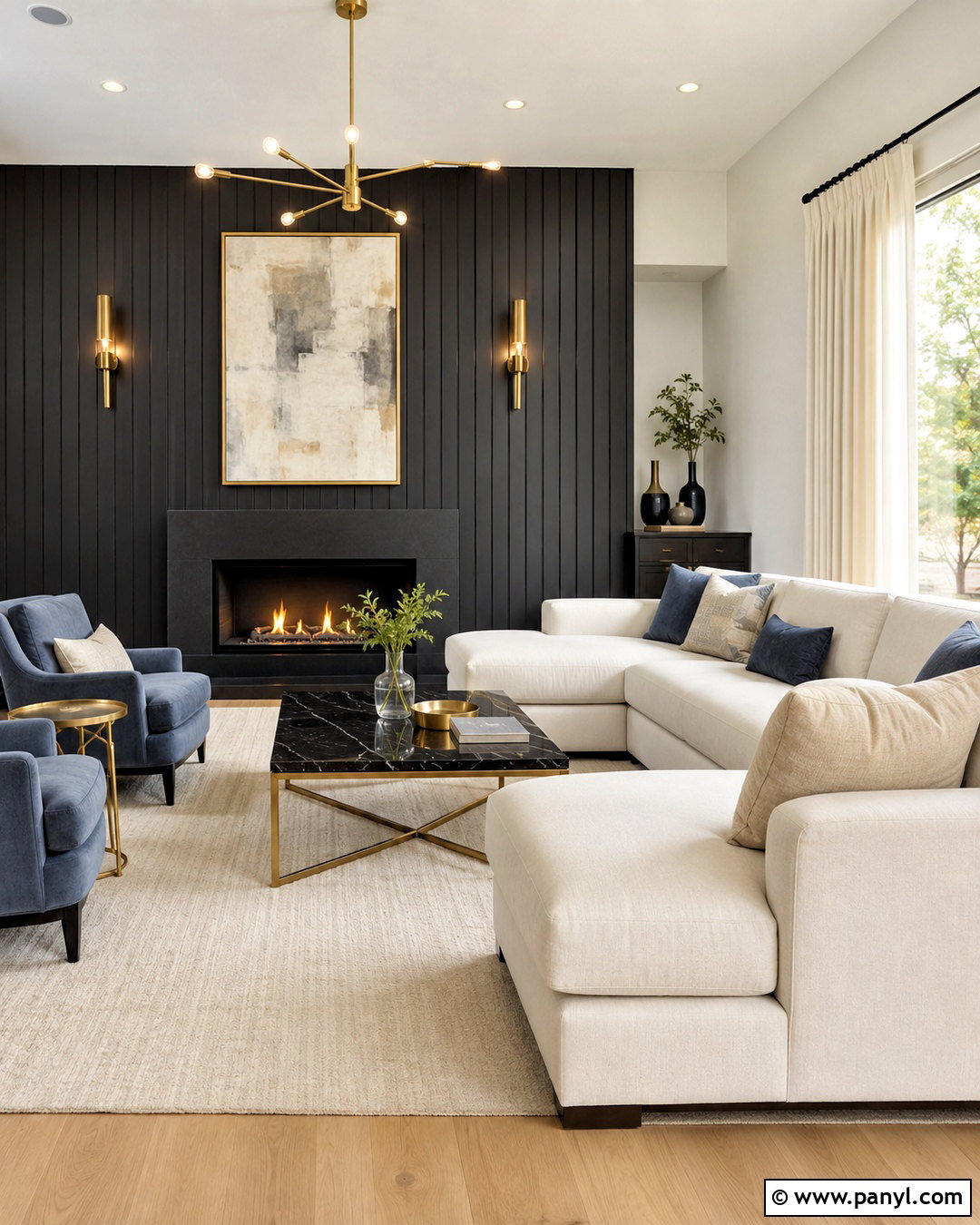 Black Shiplap Wall With Brass Accents - 20 black shiplap wall living room ideas