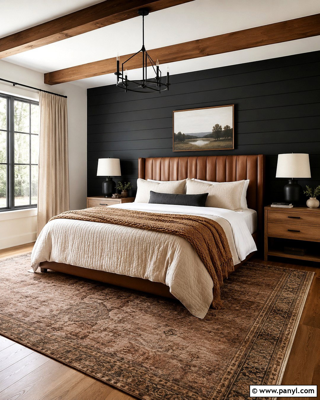 Black Shiplap Wall With Brown Leather Headboard - 20 Brown Black Accent Wall Ideas