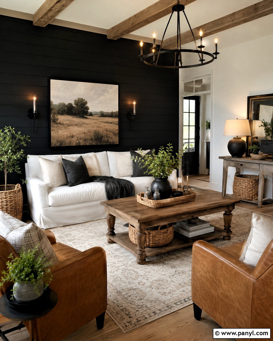 Black Shiplap Wall With White Sofa - 20 black walls living room ideas